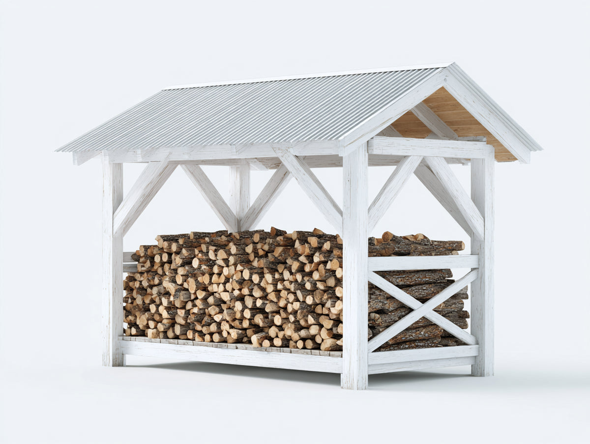 Portalegna - Legno - 236x96x208 cm - Bianco-Argento - Stile rustico con travi incrociate
