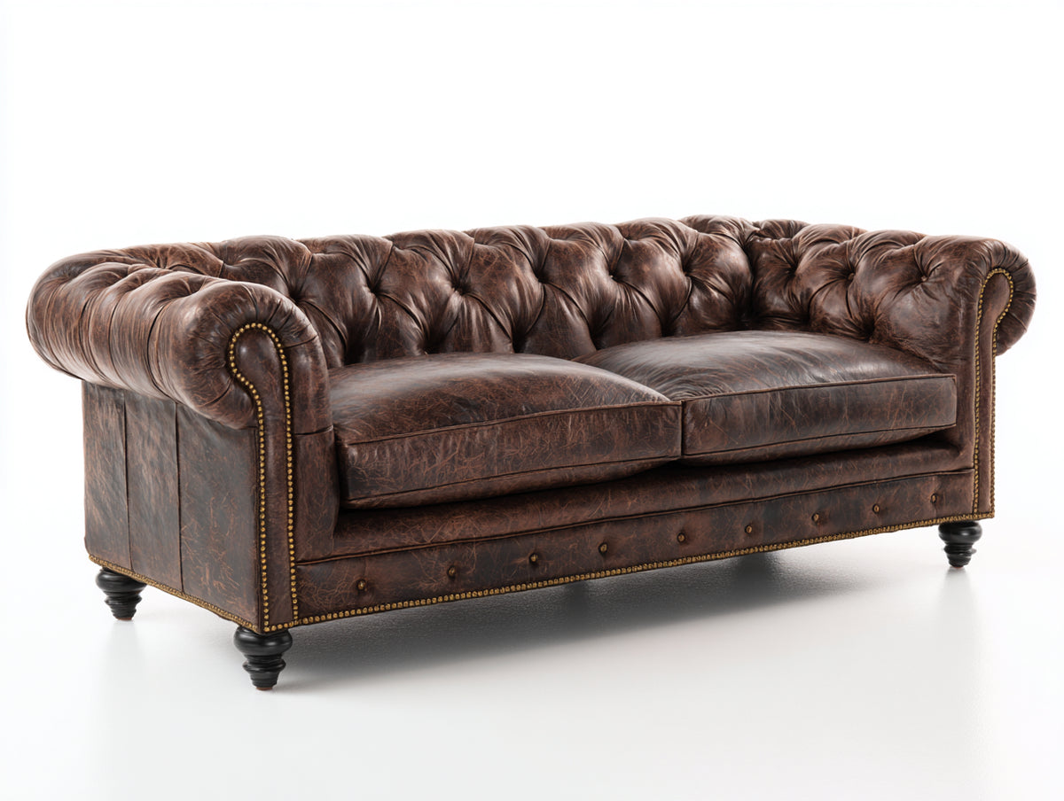 Divano lineare - Pelle - 224 x 97 x 78 cm - Marrone scuro - Stile Chesterfield