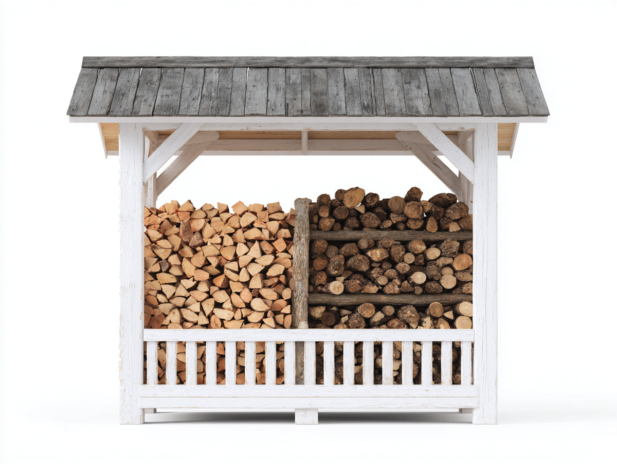 Portalegna - Legno - 224x88x207 cm - Bianco-Grigio-Marrone - Stile rustico con tettoia