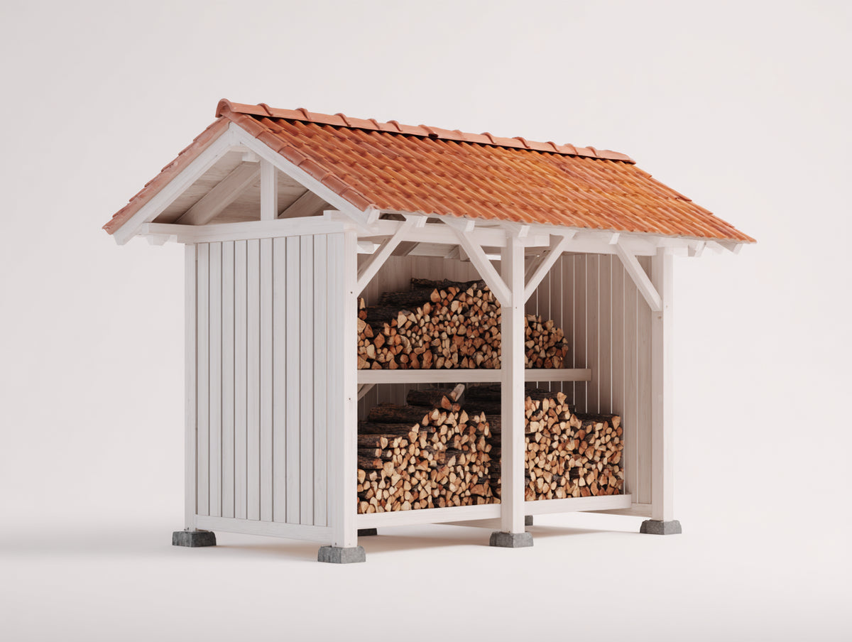 Portalegna - Legno - 216x92x205 cm - Bianco-Rosso mattone - Stile rustico con pareti laterali