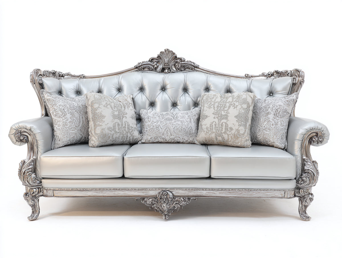 Divano lineare-Legno-Pelle sintetica-232x100x112 cm-Argento-Grigio ghiaccio-Stile barocco classico