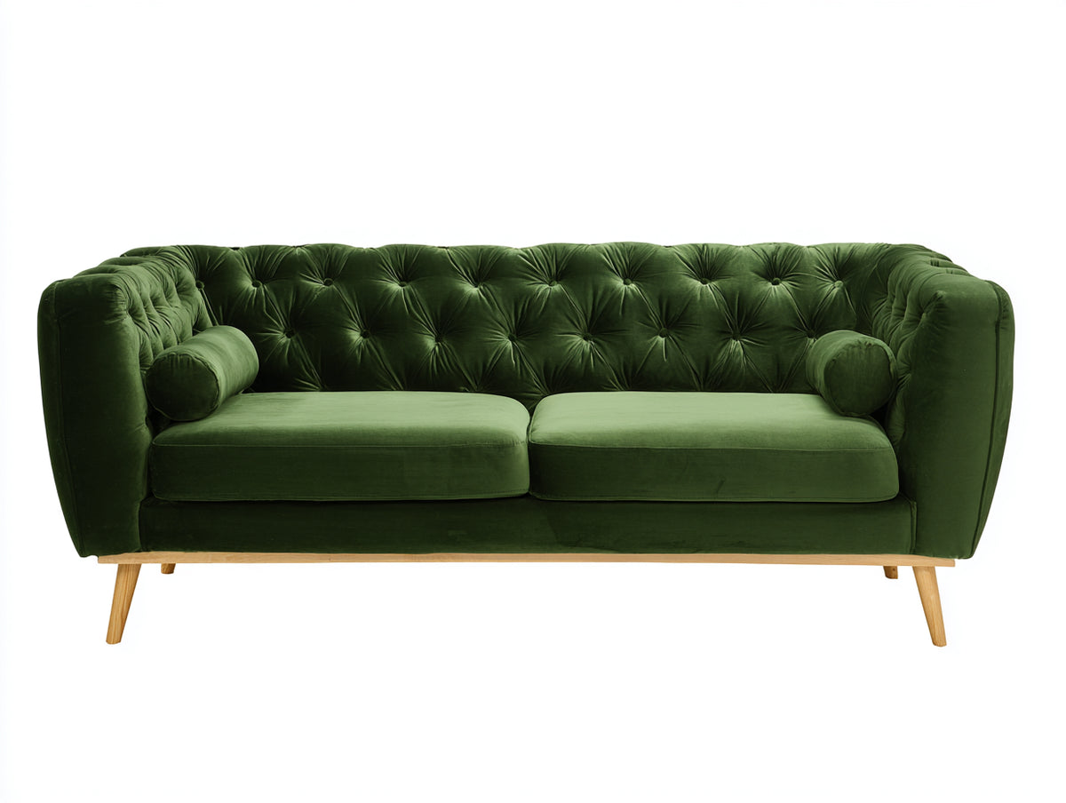 Divano lineare - Velluto - 225 x 92 x 82 cm - Verde oliva - Stile Chesterfield