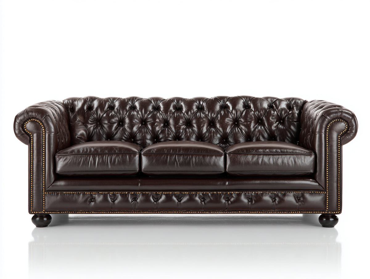 Divano lineare - Pelle - 232 x 98 x 79 cm - Marrone scuro - Stile Chesterfield