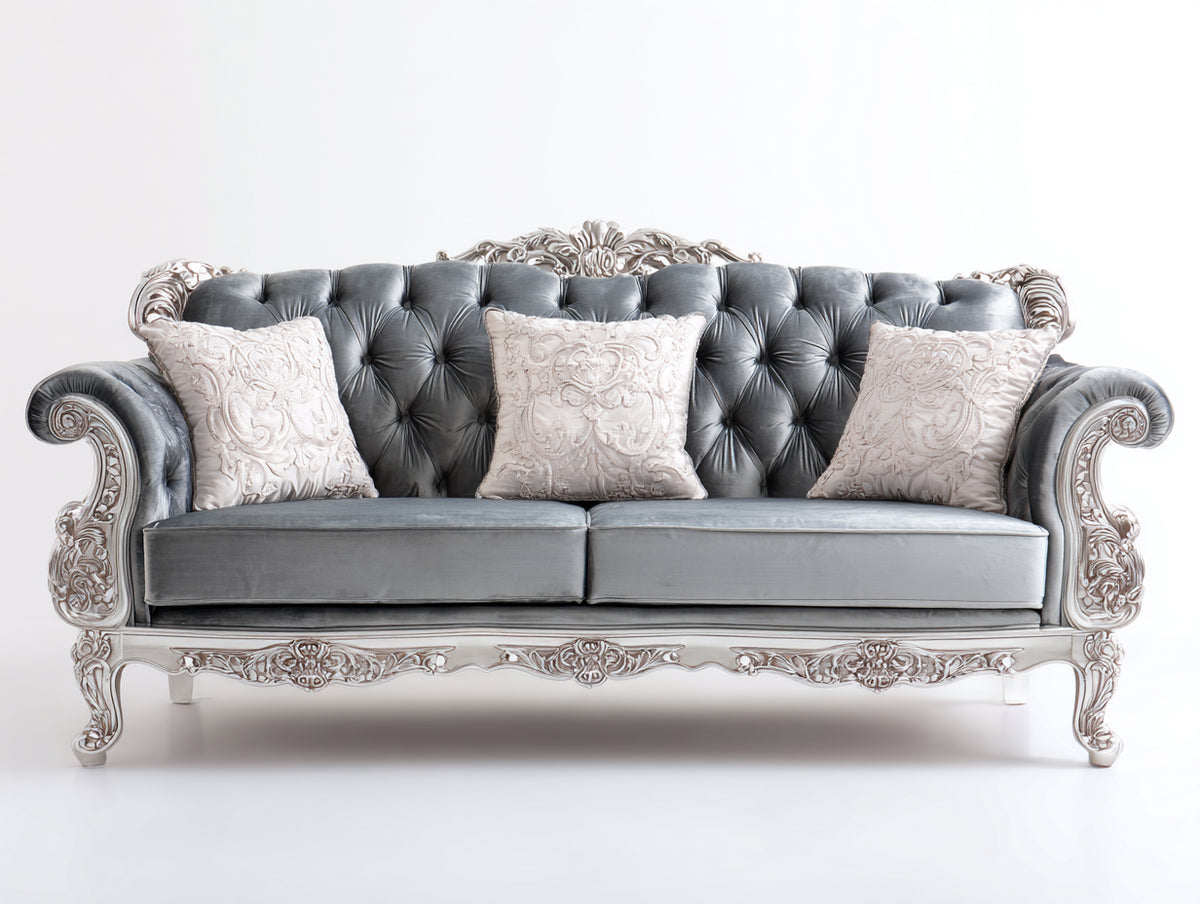 Divano lineare-Legno-Velluto-225x98x108 cm-Grigio argento-Argento-Stile barocco classico