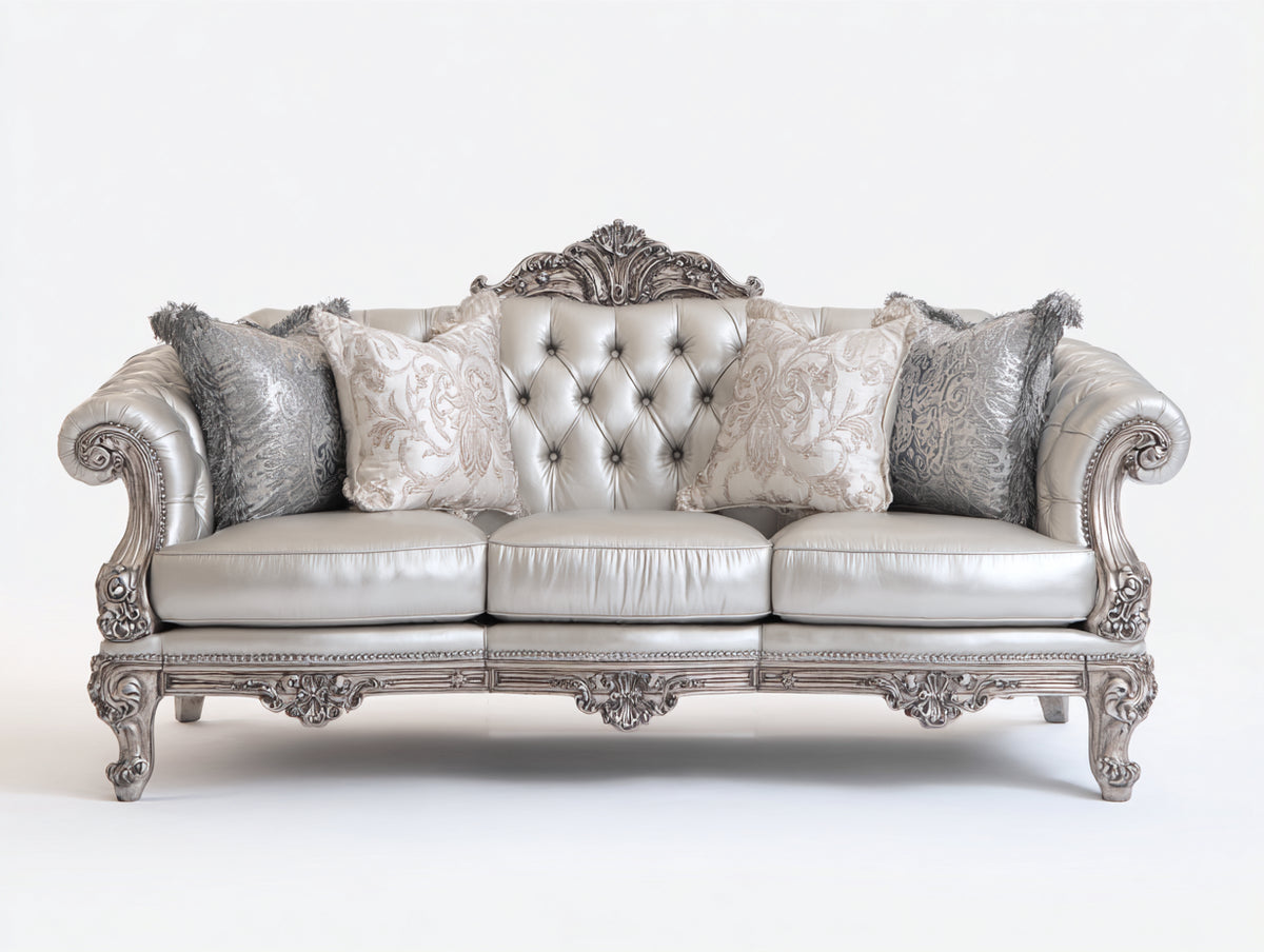 Divano lineare-Legno-Pelle sintetica-228x99x110 cm-Argento-Grigio perla-Stile barocco classico